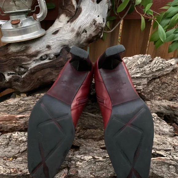 Vintage Markon Oxblood Red Leather Square Toe Stack Heel Pinup Retro Ankle Boots - Picture 6 of 9